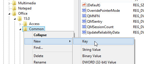 Truy cập theo cấu trúc: HKEY_CURRENT_USER\Software\Microsoft\Office\15.0\Common, bấm phải chuột vào khóa Common ở khung bên trái và chọn New/Key. Tắt hiệu ứng nhập văn bản trên Word 2013