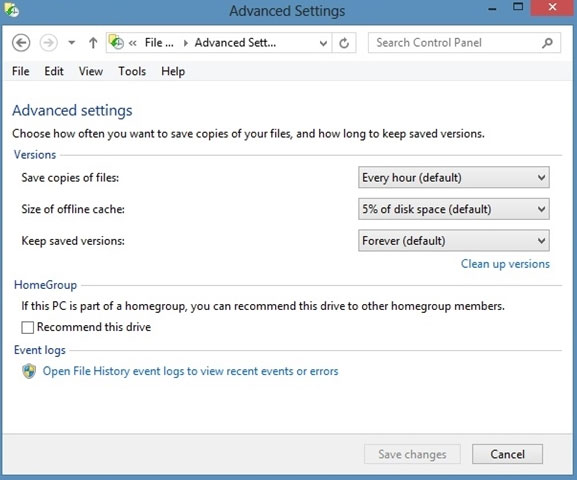 File History sẽ tiến hành sao lưu dữ liệu lên ổ đĩa sau mỗi giờ, nếu muốn thay đổi thiết lập này, bạn tìm đến lệnh "Advanced settings" ở cột bên trái. Kích hoạt và sử dụng tính năng sao lưu thời gian thực trong Windows 8