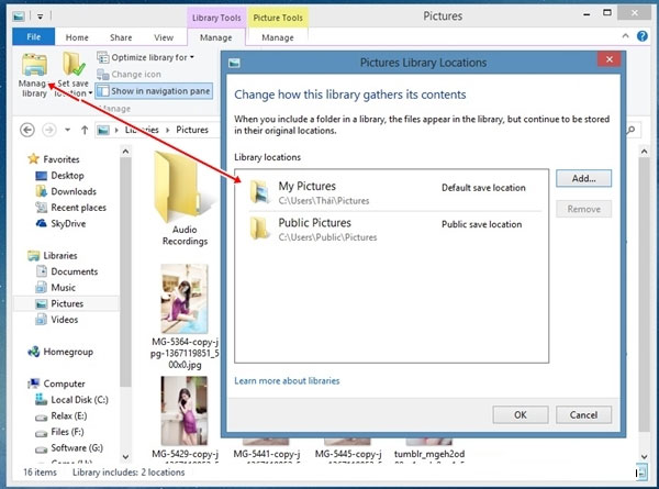 Tìm đến thư mục mình cần và chọn "Manage library", trong cửa sổ mới hiện lên, bạn nhấn "Add" để thêm thư mục mình cần vào danh sách Kích hoạt và sử dụng tính năng sao lưu thời gian thực trong Windows 8