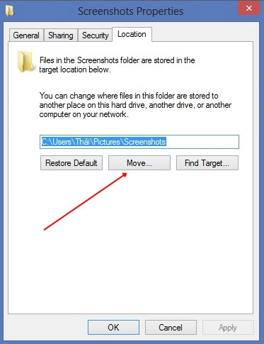 Nhấn Move, sau đó nhấn Ok Thay đổi đường dẫn thư mục Screenshots trong Windows 8