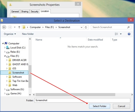 Nhấn Select Folder để chọn thư mục mình cần Thay đổi đường dẫn thư mục Screenshots trong Windows 8