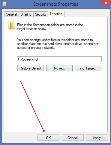 Sau khi đã thiết lập xong, bạn sẽ trở lại hộp thoại Screenshots Properties. Sau đó bạn nhấn OK. Thay đổi đường dẫn thư mục Screenshots trong Windows 8