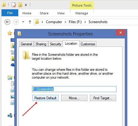 Muốn thiết lập lại đường dẫn mặc định. Chọn lệnh "Restore Default" trong Screenshots Properties > Location. Thay đổi đường dẫn thư mục Screenshots trong Windows 8