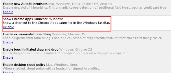 Tìm dòng "Show Chrome Apps Launcher" và cho hiển thị Kích hoạt tính năng Google Launch trong Google Chrome