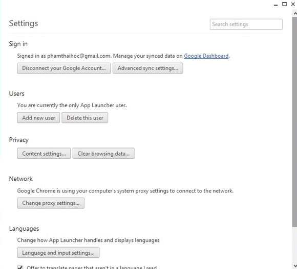 Ngoài ra, trong cửa sổ Chrome Apps Launcher, có thể tùy chọn Settings giúp bạn thiết lập các tùy chọn cho trình duyệt Google Chrome mà không cần phải mở trình duyệt lên. Kích hoạt tính năng Google Launch trong Google Chrome