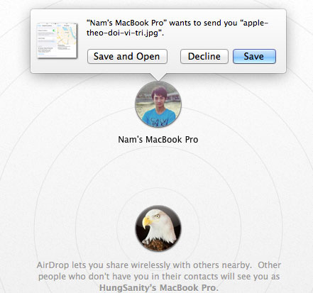 Thông báo trên máy tính người nhận AirDrop, tính năng chia sẻ không dây giữa các máy tính Mac