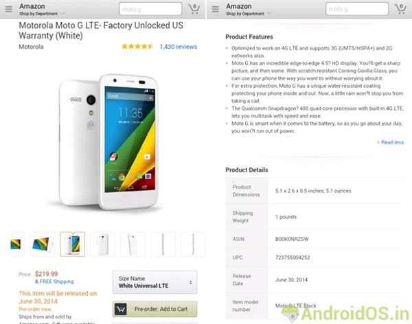 Giá bán Moto G LTE Moto G bản LTE có giá 220 USD