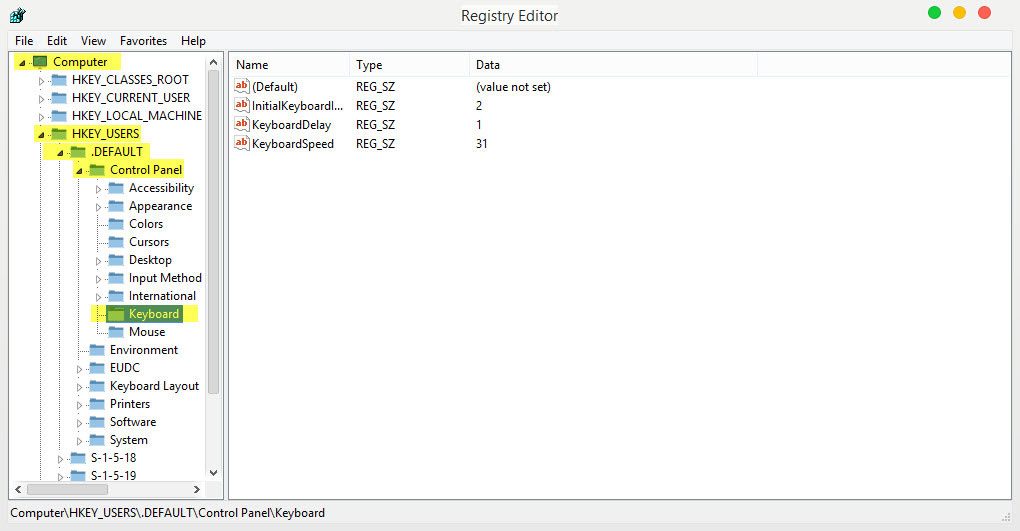 Hướng dẫn bật Numlock khi máy tính khởi động Cửa sổ Registry Editor hiện ra, các bạn tìm đến khóa HKEY_USERS\.DEFAULT\Control Panel\Keyboard.