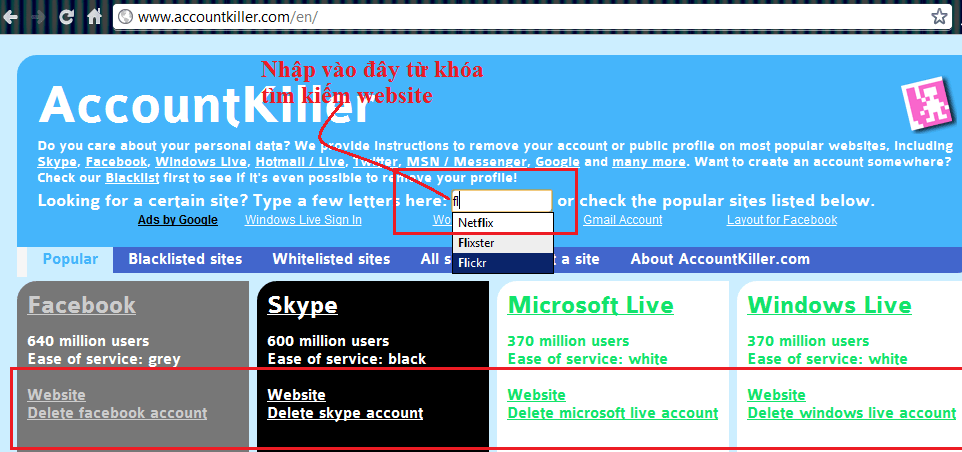 Cách xóa bỏ tài khoản trên 1 website