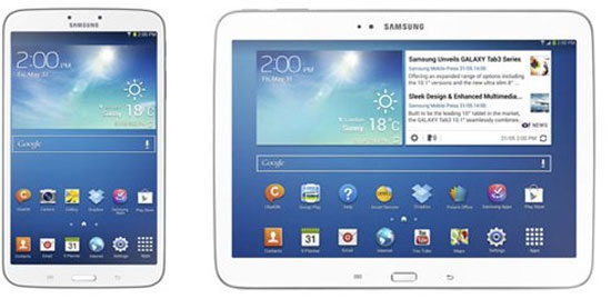 Hai mẫu Galaxy Tab 3 kích thước 8 inch (trái) và 10,1 inch (phải) mới ra mắt của Samsung. Samsung ra mắt Galaxy Tab 3 8.0 và 10.1 dùng chip Intel