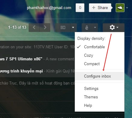 Truy cập vào biểu tượng Settings và chọn "Configure inbox". Kích hoạt tính năng Category Tabs cho Gmail nền web