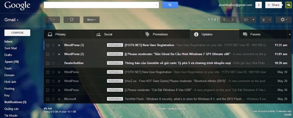 Giao diện sau khi kích hoạt tính năng Category Tabs Kích hoạt tính năng Category Tabs cho Gmail nền web