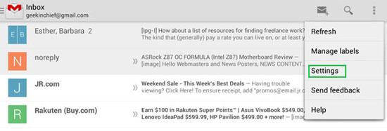 nhấn vào hình dấu ba chấm trong hộp thư đến của Gmail. Chọn Settings Cách bỏ ảnh đại diện của người gửi trong Gmail cho Android