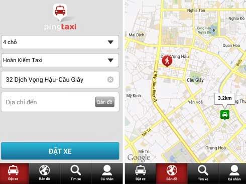 Tìm đặt xe và hiển thị quãng đường từ các xe đến vị trí đứng. Phần mềm Pingtaxi tham vọng thay đổi cách gọi taxi của người Việt