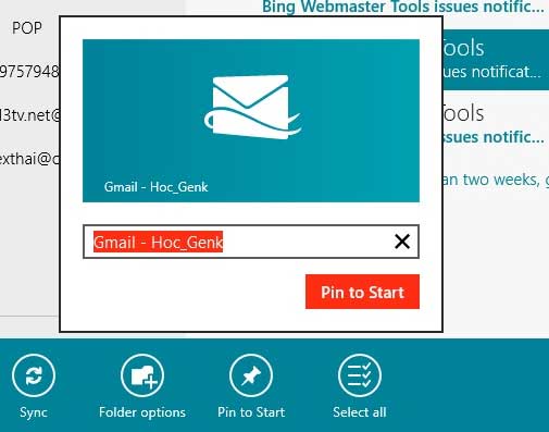 Hướng dẫn Pin tài khoản Email vào Start Screen trong Windows 8