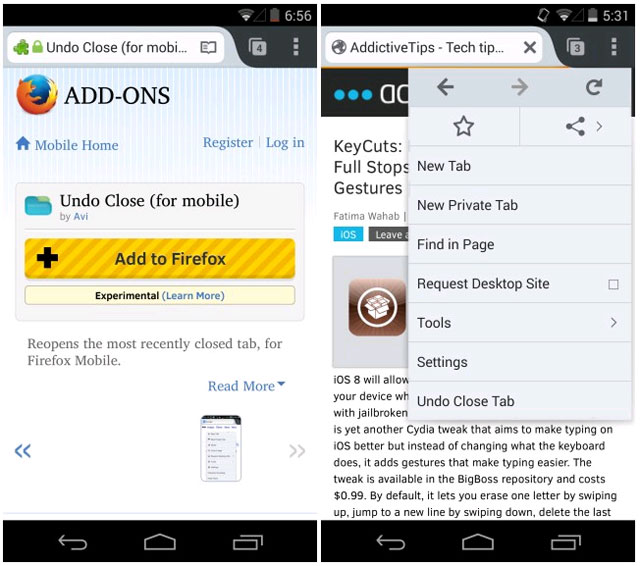 Undo Close Những tiện ích tối ưu hóa cho Firefox trên Android