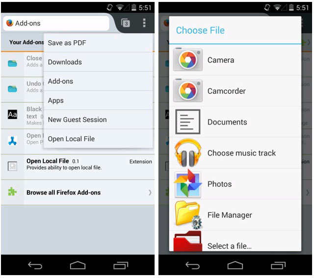 Open Local File Những tiện ích tối ưu hóa cho Firefox trên Android