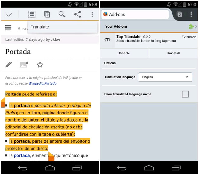 Tap Translate Những tiện ích tối ưu hóa cho Firefox trên Android