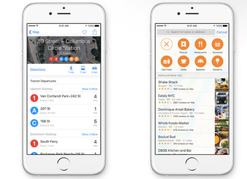 Bản đồ của iOS 9 nhấn mạnh nhiều nhất là tính năng dẫn đường khi di chuyển bằng các phương tiện công cộng