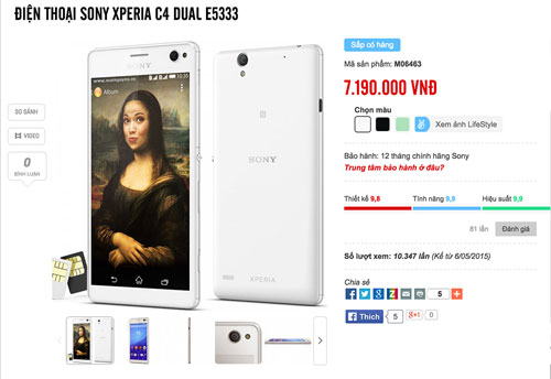 Giá bán chính thức của chiếc Xperia C4 dual được đăng tải trên trang web