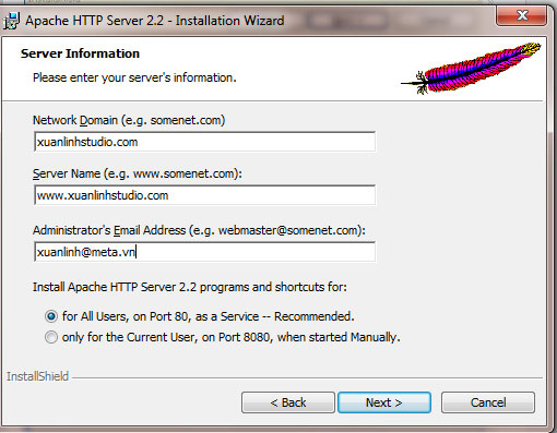 Mục Network Domain, Sever Name: nhập vào Domain Name và FQDN. Mục Administrator's Email Address: nhập vào email của người sẽ chịu trách nhiệm của webserver.