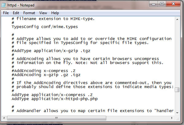 Tìm đến những dòng "AddType" và thêm vào: AddType application/x-httpd-php.php