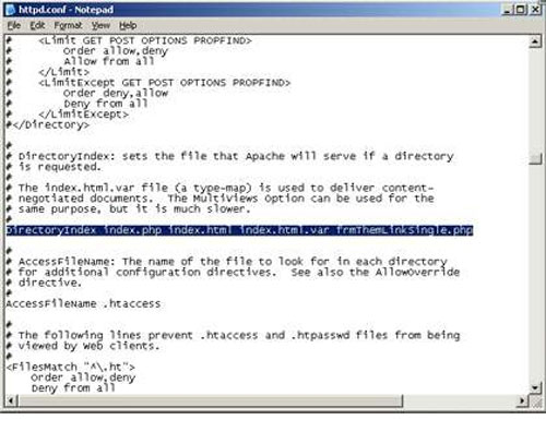 Tìm đến dòng "DirectoryIndex" và thêm vào: index.php