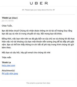 Uber phạt một nẻo: Email của Uber gửi cho anh Tuấn lại cho rằng vợ anh đã nôn trên xe