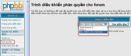 Chọn mục Xét quyền - chọn diễn đàn cần xét quyền và chọn Tìm diễn đàn