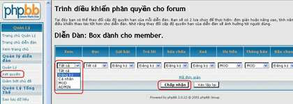 Ở đây có các mục về quyền Đọc, Xem, Gửi bài.... và cho phép gán quyền đến các mục đó