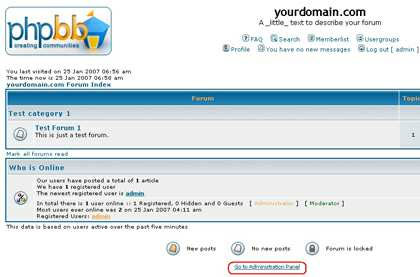Để vào panel cấu hình PHPBB, chọn Go to Administration Panel như hình