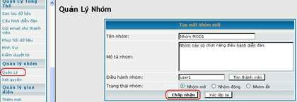 Nhập vào Tên nhóm và phần Mô tả nhóm, chọn người điều hành của nhóm và chọn Chấp nhận