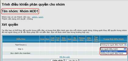 Chọn diễn đàn và chọn Là người điều hành để gán quyền điều hành cho diễn đàn đó