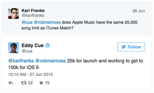 Apple Music cho mỗi người upload tối đa 100.000 bài nhạc để nghe online? Dòng tweet của Eddy Cue, phó chủ tịch cấp cao Apple