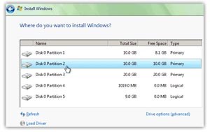 Không thể chọn hoặc format một partition ổ cứng khi thử cài đặt Windows Vista