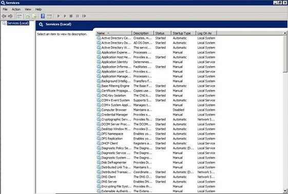 Giao diện Services hiển thị tất cả các dịch vụ hệ thống