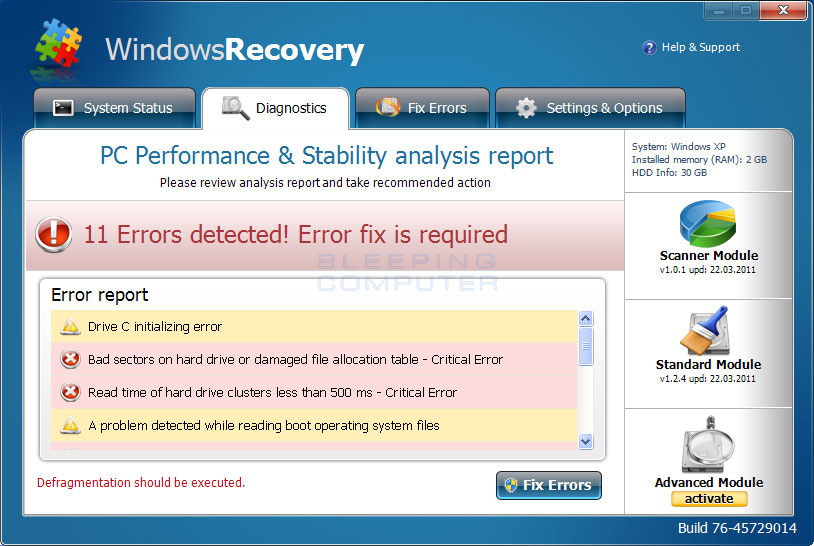 Một số hình ảnh của chương trình giả mạo Windows Recovery
