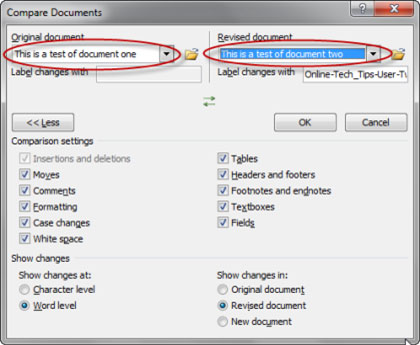 Sử dụng tính năng so sánh tài liệu trong Word 2010