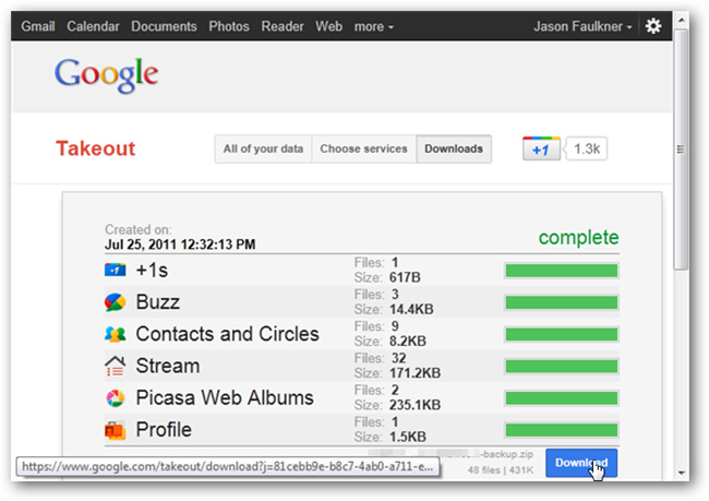 Tải và sao lưu dữ liệu của Google, Google Plus