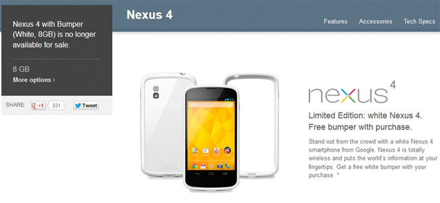 Nexus 4 bản 8 GB màu trắng đã không còn bán trên Google Play Google ngưng bán Nexus 4 8 GB màu trắng