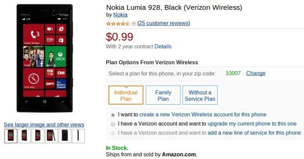 Verizon bán Nokia Lumia 928 chưa đến 1 USD