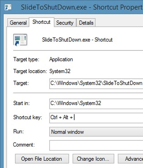 Chọn tab "Shortcut" và nhập vào tổ hợp phím tắt tùy ý mà bạn sẽ sử dụng để kích hoạt tính năng SlideToShutdown Kích hoạt chức năng Slide To Shutdown trong Windows 8.1 Preview