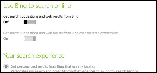 Vô hiệu hóa kết quả tìm kiếm của Bing trong công cụ tìm kiếm của Windows 8.1