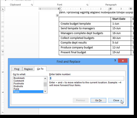 nhập 3 và bảng thứ ba trong tài liệu đã được đánh dấu. Điều hướng trực tiếp từ bảng này đến bảng khác trong Word 2013