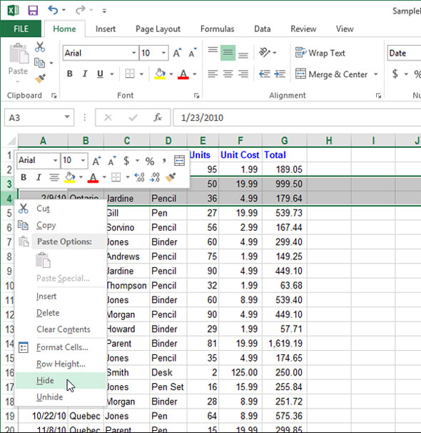 Cách tạm thời ẩn hàng, cột trong Excel 2013