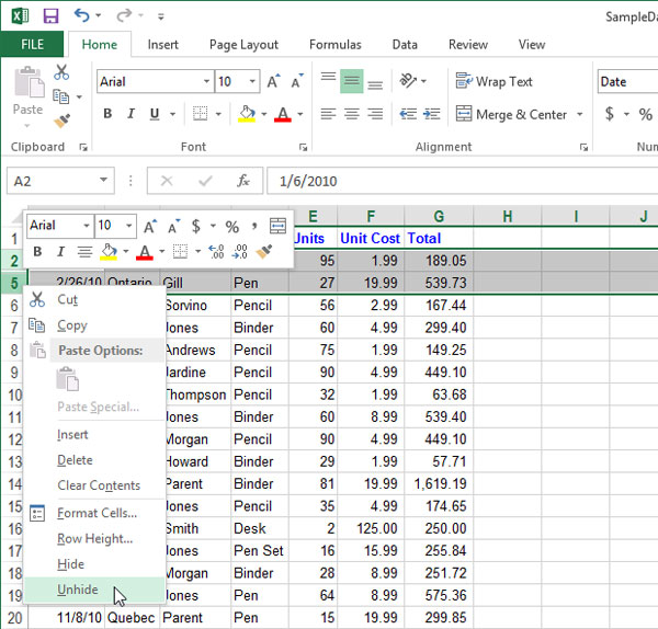 Cách tạm thời ẩn hàng, cột trong Excel 2013