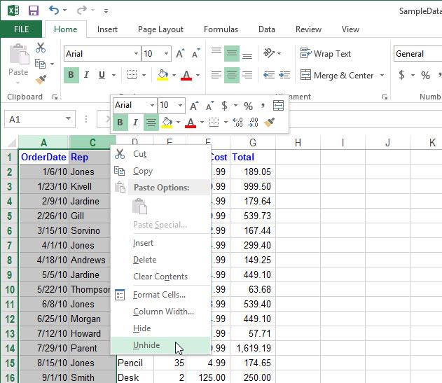 Cách tạm thời ẩn hàng, cột trong Excel 2013