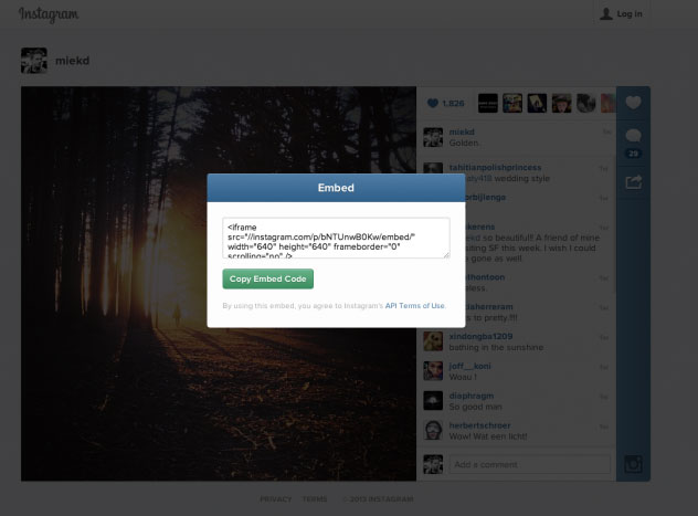 Instagram cho phép nhúng ảnh, video vào trang web