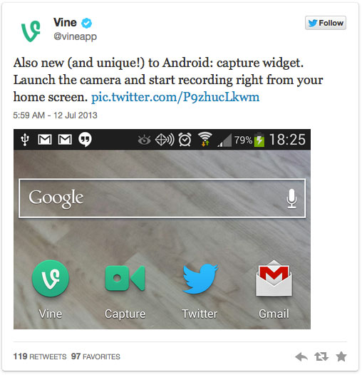 Bản cập nhật này đã được công bố chính thức trên tài khoản Twitter Vine cập nhật phiên bản mới cho người dùng Android
