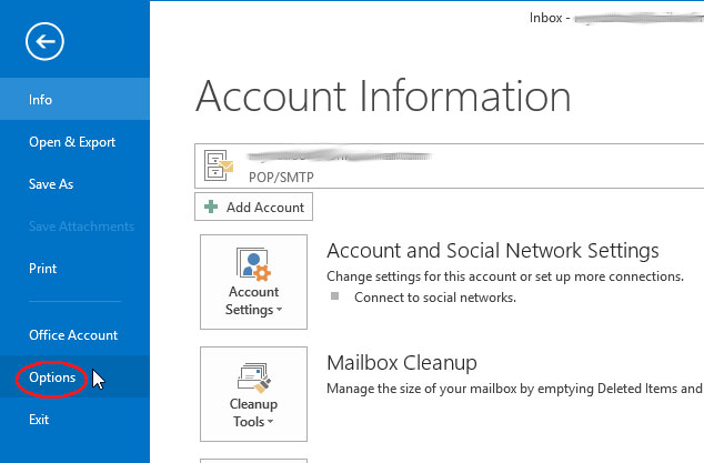 Nhấp Options từ danh sách menu bên trái. Cách vô hiệu tính năng Auto-Complete trong Outlook 2013